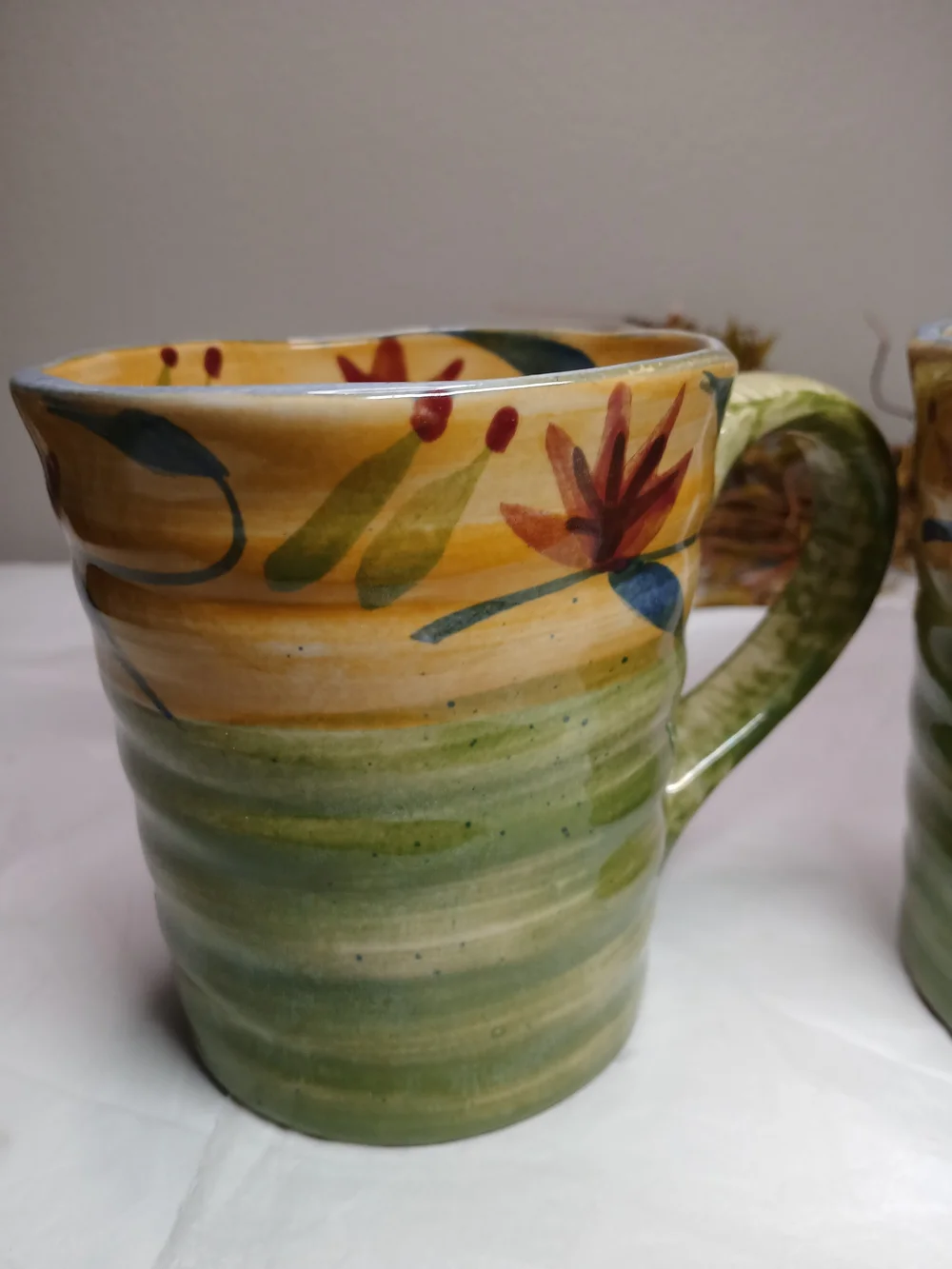 2 Pier 1 Hand-Painted Ceramic Mugs in Yellow, Green and Blue Elizabeth Style